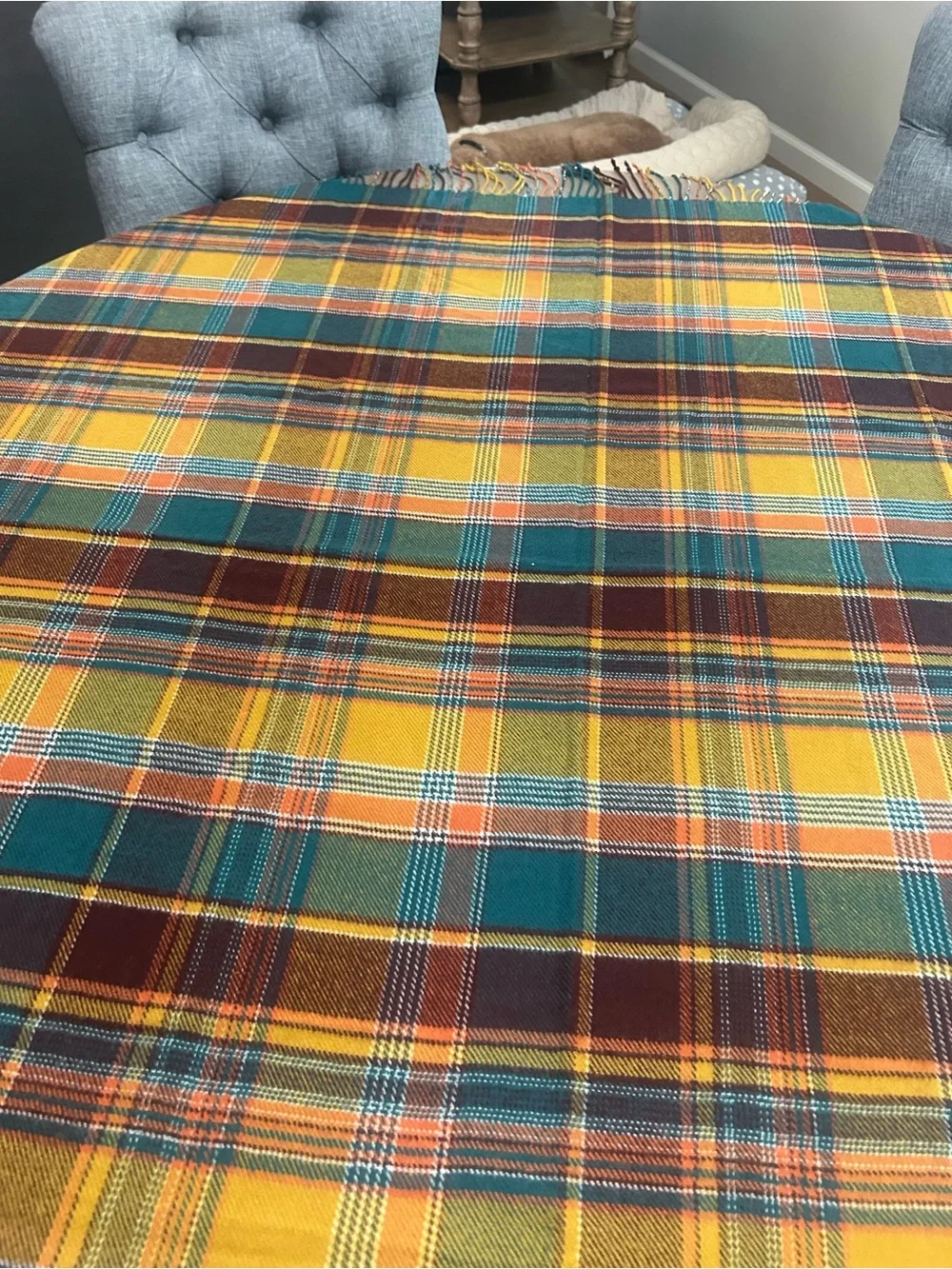 Southern Living At Home Plaid Fringe Tablecloth in Teal, Mustard & Burgundy